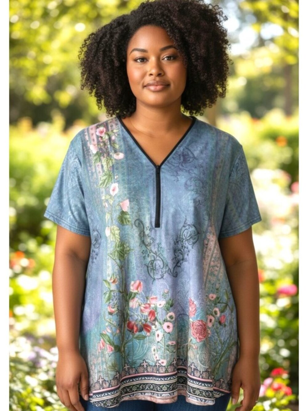 Pixie Lady Blue Oriental Print Short Sleeve Henley Top Size XL EUC